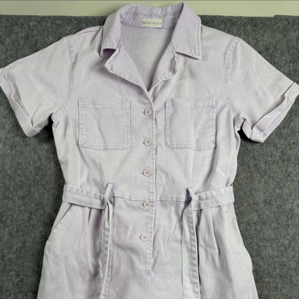 Shoe Fly Jumpsuit Women's Size L Pink‎ Tie-Belt Casual Straight Leg Button-front